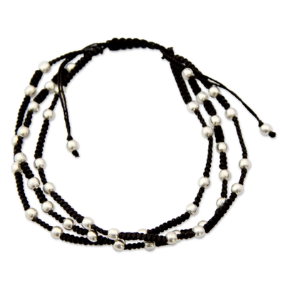 Sterling silver beaded bracelet, 'Delhi Casual' - India Silver and Cotton Handcrafted Macrame Bracelet