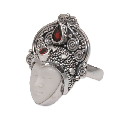 Garnet cocktail ring, 'Janger Crown' - Garnet and Sterling Silver Face Cocktail Ring from Bali