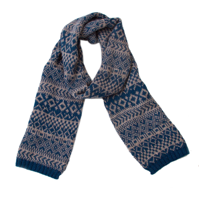 100% alpaca scarf, 'Geometric Signals' - Knit Geometric 100% Alpaca Wrap Scarf from Peru
