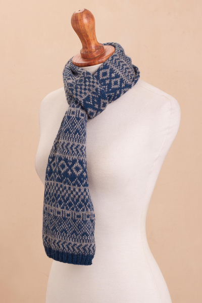 100% alpaca scarf, 'Geometric Signals' - Knit Geometric 100% Alpaca Wrap Scarf from Peru