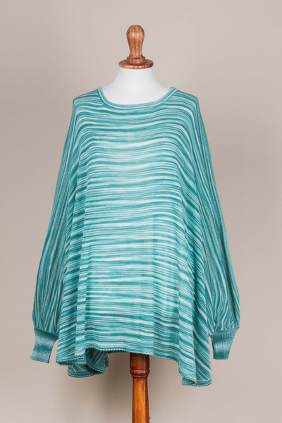 Jersey de mezcla de algodón - Suéter drapeado bohemio a rayas de jade de Perú