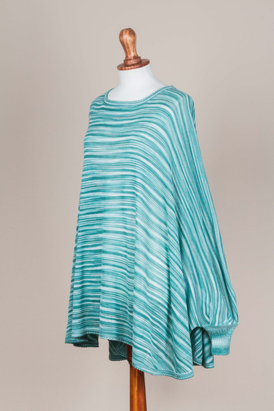 Cotton blend sweater, 'Jade Dream' - Striped Jade Bohemian Drape Sweater from Peru