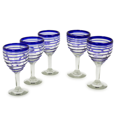 Wine glasses, 'Tall Cobalt Spiral' (set of 5) - Hand Blown Blue Accent Wine Glasses Set of 5 Mexico