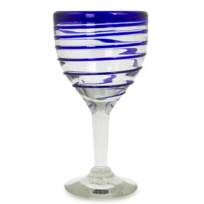 Wine glasses, 'Tall Cobalt Spiral' (set of 5) - Hand Blown Blue Accent Wine Glasses Set of 5 Mexico