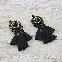 Onyx beaded dangle earrings, 'Joyful Swing in Black' - Onyx Black Glass and Brass Bead Tasseled Dangle Earrings