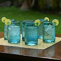 Etched glasses, 'Aquamarine Flowers' (set of 6) - Fair Trade Mexican Handblown Glass Recycled Blue Tumblers