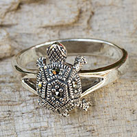 Marcasite cocktail ring, 'Happy Thai Turtle' - Fair Trade Thai Marcasite Turtle Ring