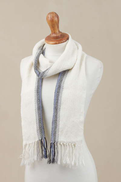 100% alpaca scarf, 'Elegant Accent' - Handwoven 100% Baby Alpaca Wrap Scarf in Alabaster from Peru