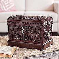 Caja de joyería de madera y cuero Mohena, 'Colonial Mystique' - Caja de joyería de cuero de madera colonial única