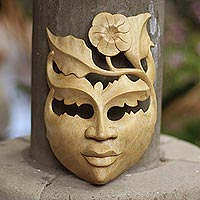 Wood mask, 'Frangipani Summer' - Floral Wood Wall Mask