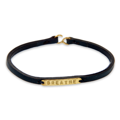 Leather wristband bracelet, 'Breathe' - Engraved Brass on Slender Leather Wristband Bracelet