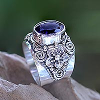 Amethyst cocktail ring, 'Lilac Frangipani' - Floral Sterling Silver and Faceted Amethyst Ring from Bali