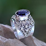 Floral Sterling Silver and Faceted Amethyst Ring from Bali, 'Lilac Frangipani'