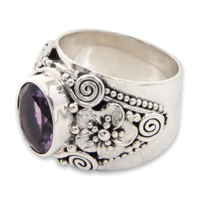 Amethyst cocktail ring, 'Lilac Frangipani' - Floral Sterling Silver and Faceted Amethyst Ring from Bali