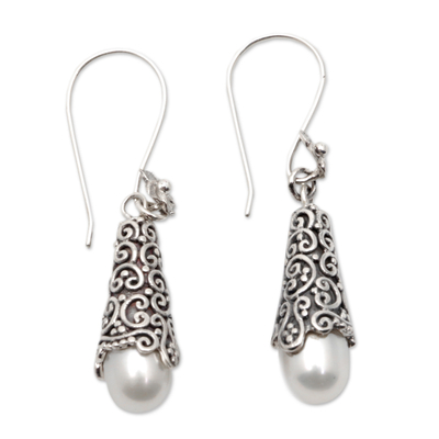 Cultured pearl dangle earrings, 'White Arabesque Dewdrop' - Sterling Silver and Cultured Pearl Dangle Earrings
