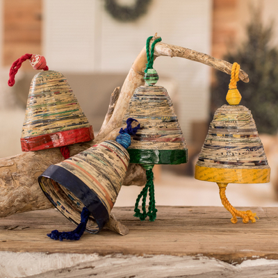 Recycled paper ornaments, 'Bells of Hope and Joy' (set of 4) - Recycled Paper Christmas Ornaments (Set of 4)