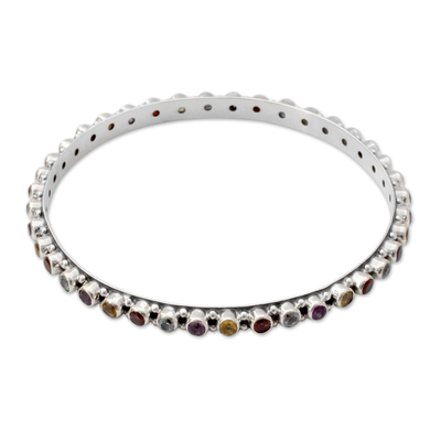 Multigemstone bangle bracelet, 'Multicolor Energy' - Amethyst Topaz Citrine and Garnet Silver Bangle Bracelet