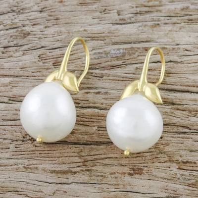 Gold plated cultured pearl drop earrings, 'Pure Gift' - Gold Plated Cultured Pearl Drop Earrings from Thailand