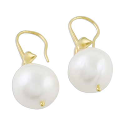 Gold plated cultured pearl drop earrings, 'Pure Gift' - Gold Plated Cultured Pearl Drop Earrings from Thailand