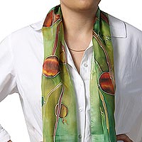 Hand painted silk batik scarf, 'Precious Pomegranate in Green' - Pomegranate Motif Silk Batik Scarf from Armenia
