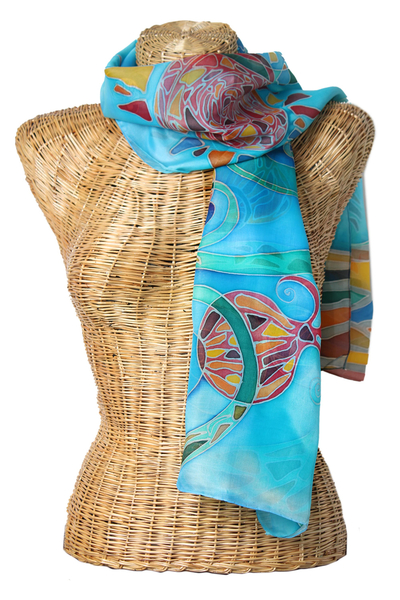 Bufanda batik de seda pintada a mano - Bufanda Batik de Seda Multicolor con Diseño Pintado a Mano