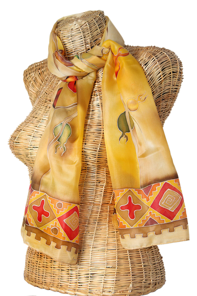 Hand painted silk batik scarf, 'Precious Pomegranate in Honey' - Unique Pomegranate Motif Batik Silk Scarf from Armenia