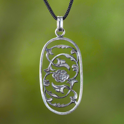 Sterling silver pendant, 'Highland Flower' - Hand Crafted Oxidized Silver Flower Pendant