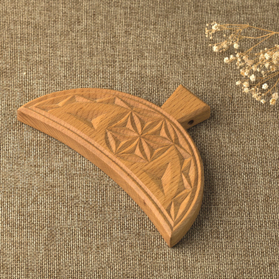 Decorative wood wall accent, 'Crescent Daghdaghan' - Unique Armenian Wood Amulet