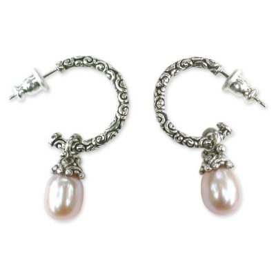 Cultured pearl dangle earrings, 'Blushing Rose' - Sterling Silver Cultured Pearl Half Hoop Earrings