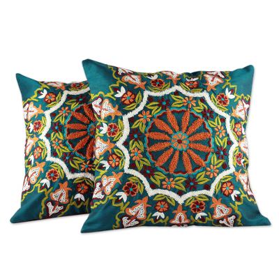 Embroidered cushion covers, 'Floral Forest' (pair) - Green Floral Embroidered Cushion Covers (Pair)
