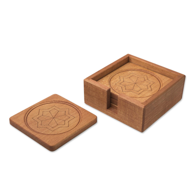 Juego de posavasos de madera (juego de 4) - Juego de posavasos de madera de haya tallada a mano simbólica