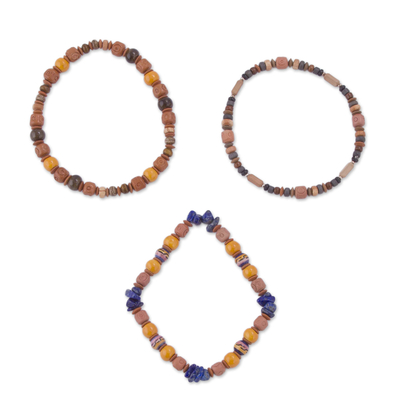 Sodalite and ceramic beaded stretch bracelets, 'Splendorous' (set of 3) - Three Sodalite Sterling Silver and Ceramic Beaded Bracelets