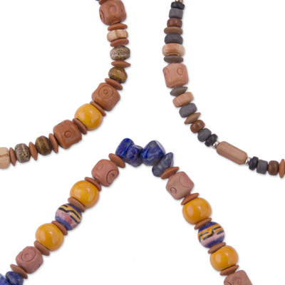 Sodalite and ceramic beaded stretch bracelets, 'Splendorous' (set of 3) - Three Sodalite Sterling Silver and Ceramic Beaded Bracelets