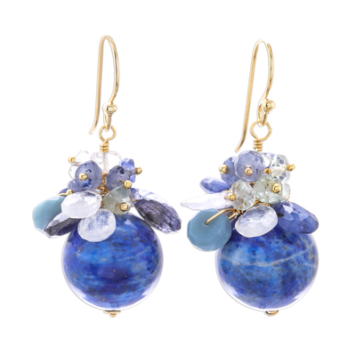 Gold accented multi-gemstone cluster earrings, 'Blue Winter' - Blue Gold Accented Multi-Gemstone Cluster Earrings