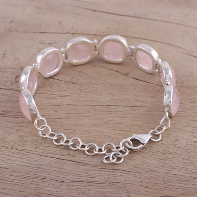 Rose quartz link bracelet, 'Pink Allure' - Rose Quartz and Sterling Silver Link Bracelet from India