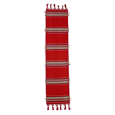 Cotton table runner, 'Highland Paths' - Handwoven Red Cotton Table Runner from Guatemala