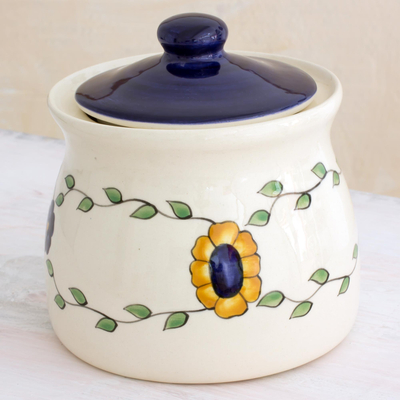 Ceramic jar, 'Margarita' (small) - Artisan Crafted Floral Ceramic Jar with Lid (Small)