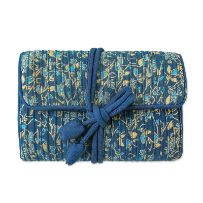 Rayon and silk blend jewelry roll, 'Blue Floral Journey' - Blue Floral Rayon Silk Blend Jewelry Roll Thailand