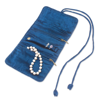 Rayon and silk blend jewellery roll, 'Blue Floral Journey' - Blue Floral Rayon Silk Blend jewellery Roll Thailand