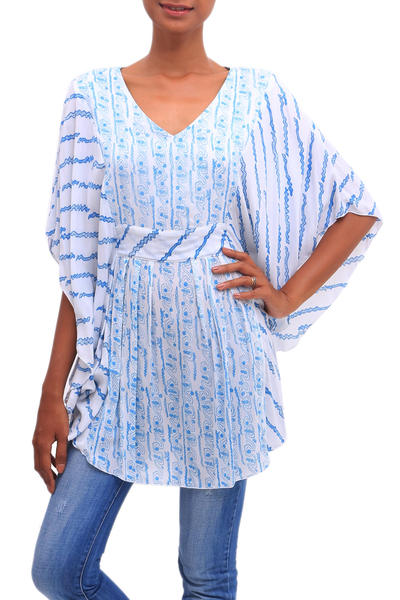 Rayon blouse, 'Azure Helix' - Helix Motif Rayon Blouse in Azure from Bali
