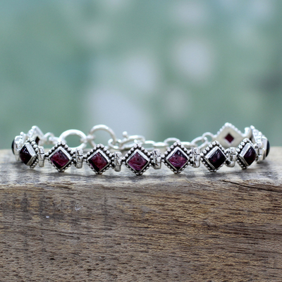 Garnet tennis bracelet, 'Deep Red Diamonds' - Red Garnet Artisan Crafted India Silver Tennis Bracelet