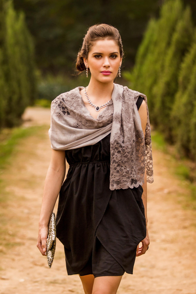 Wool blend shawl, 'Infinite Kashmir' - Taupe Grey Wool Blend Shawl Trimmed with Floral Lace