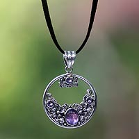 Amethyst floral necklace, 'Frangipani Moon' - Amethyst and Sterling Silver Necklace Bali Jewelry