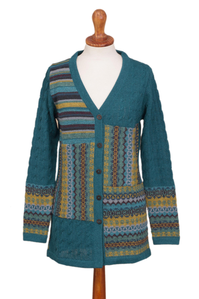Cable Knit 100% Alpaca Cardigan in Teal from Peru