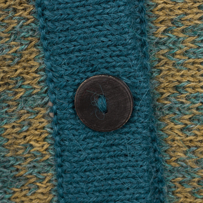 100% alpaca cardigan, 'Patchwork in Teal' - Cable Knit 100% Alpaca Cardigan in Teal from Peru