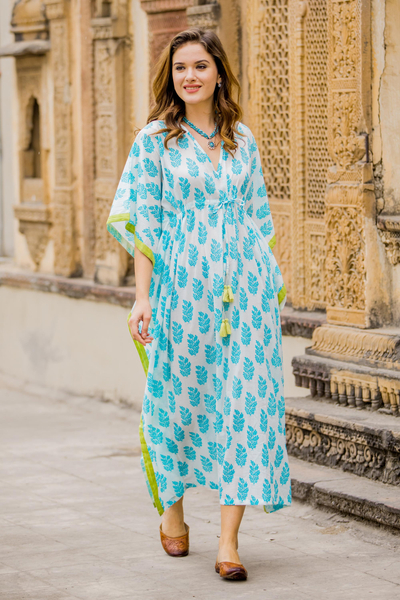 Cotton caftan, 'Haven of Leaves' - Turquoise Green and White Leaf Print Cotton Long Caftan