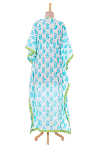 Cotton caftan, 'Haven of Leaves' - Turquoise Green and White Leaf Print Cotton Long Caftan