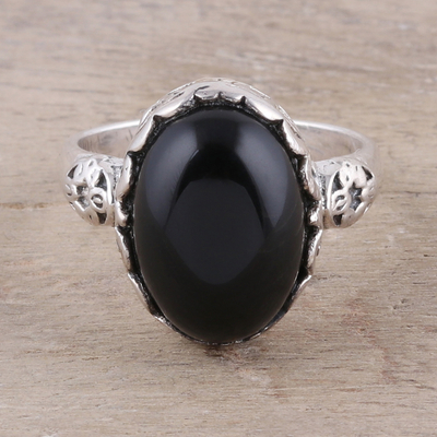 Onyx cocktail ring, 'Glamorous Beauty in Black' - Oval Onyx Cocktail Ring in Black from India