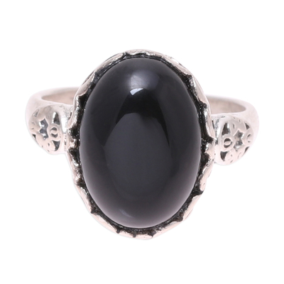 Onyx cocktail ring, 'Glamorous Beauty in Black' - Oval Onyx Cocktail Ring in Black from India