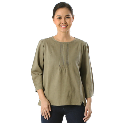 Sage Green Pintuck Pullover Cotton Blouse with Button